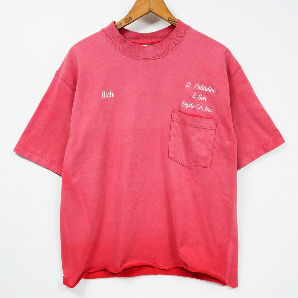 Vintage WearGuard Pocket T Shirt L Red Sun Faded Made USA Cut Off Cropped